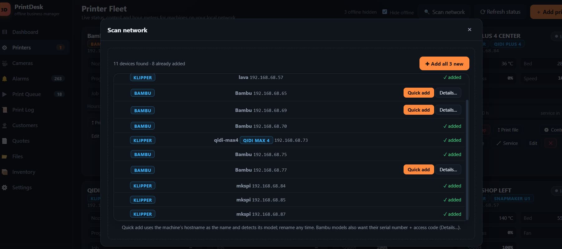 PrintLan's Scan network dialog: eleven devices discovered on the local network with brand and model badges — Bambu and Klipper — quick-add buttons, green 'added' confirmations and an 'Add all 3 new' action.