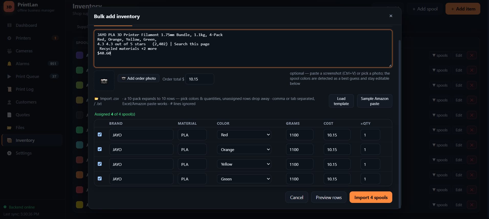 PrintLan's bulk-add dialog: a pasted Amazon order parsed into four spool rows with brand, material, detected color, grams and cost — ready to import with one click.